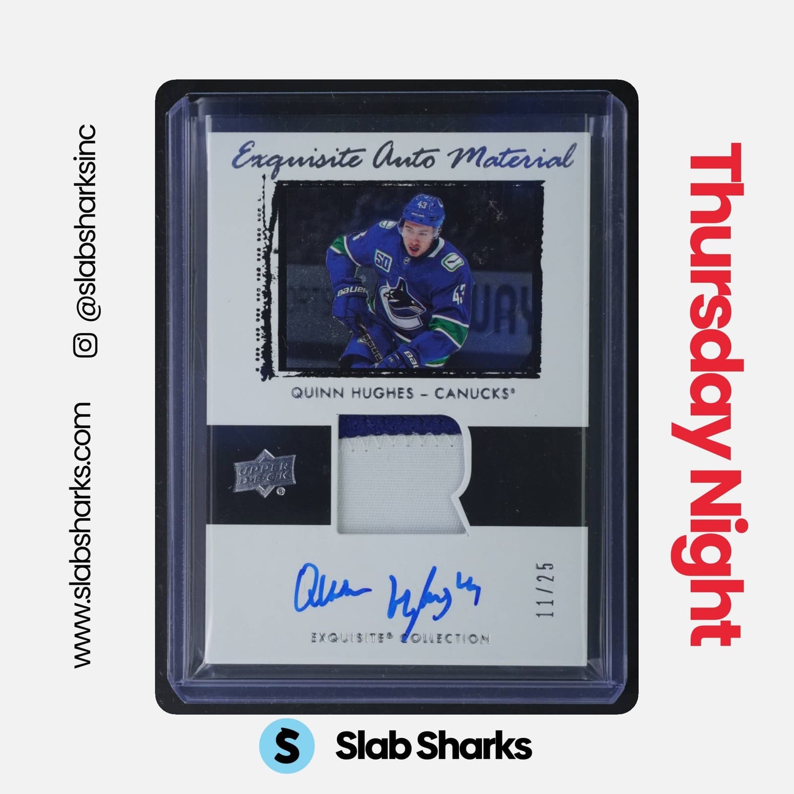 2019 UPPER DECK ICE QUINN HUGHES EXQUISITE '03-04 TRIB. ROOKIE PATCH AUTO RC /25