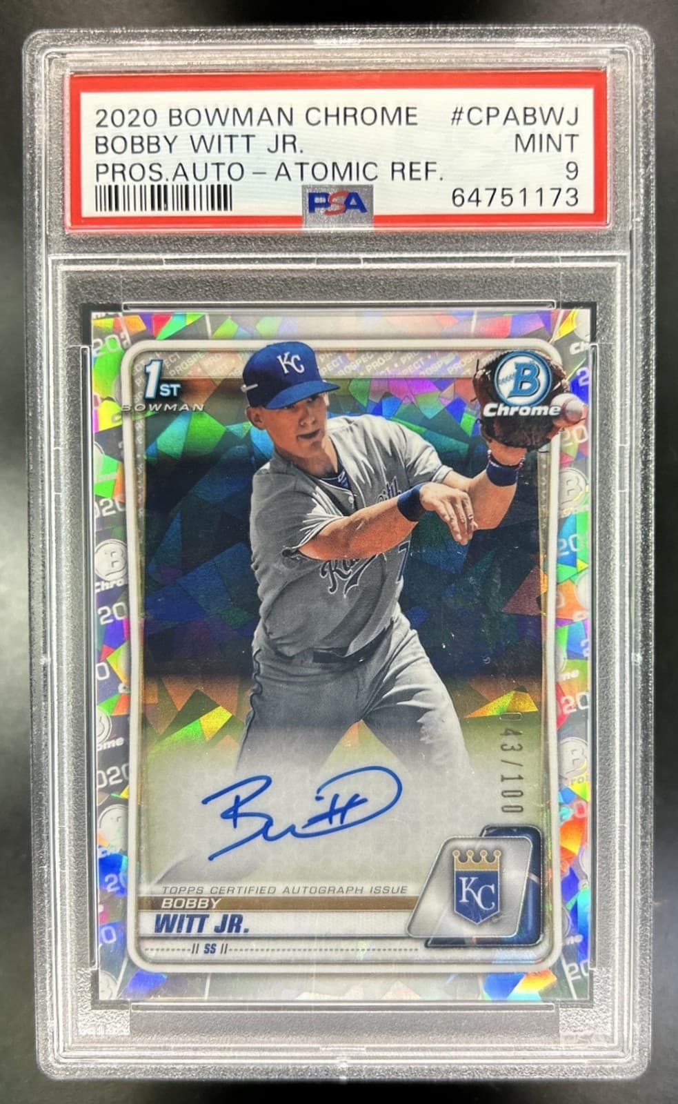 2020 Bowman Bobby Witt Jr. Chrome Auto 1st Atomic Refractor #/100 Royals PSA 9