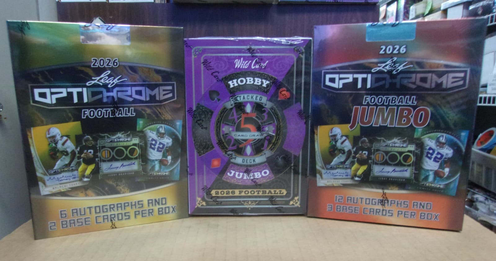 2026 LEAF OPTICHROME HOBBY & JUMBO + WILD CARD 5-DRAW FOOTBALL BOX LOT