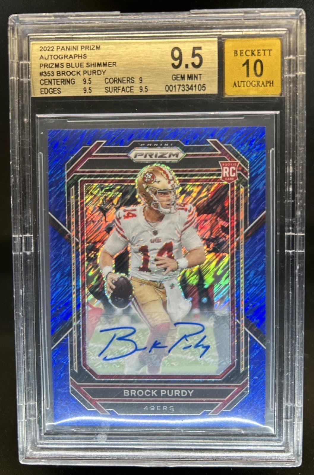 2022 Panini Prizm Brock Purdy Auto RC Blue Shimmer Rookie #/25 49ers BGS 9.5