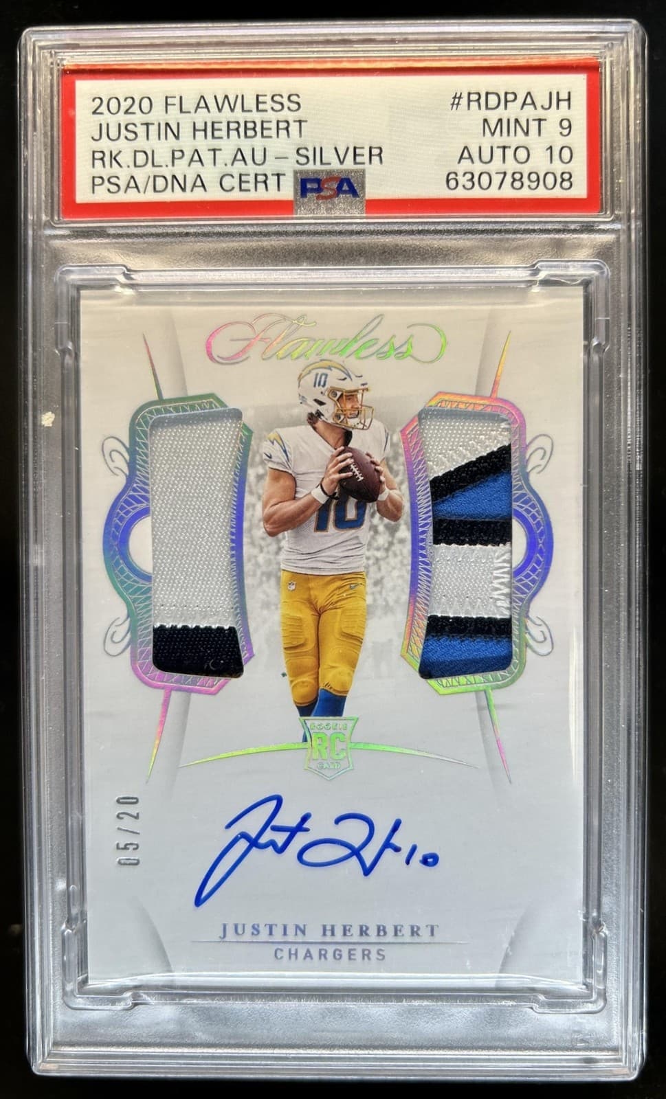 2020 Flawless Justin Herbert Rookie Dual Patch Auto Silver RC #/20 PSA 9 10
