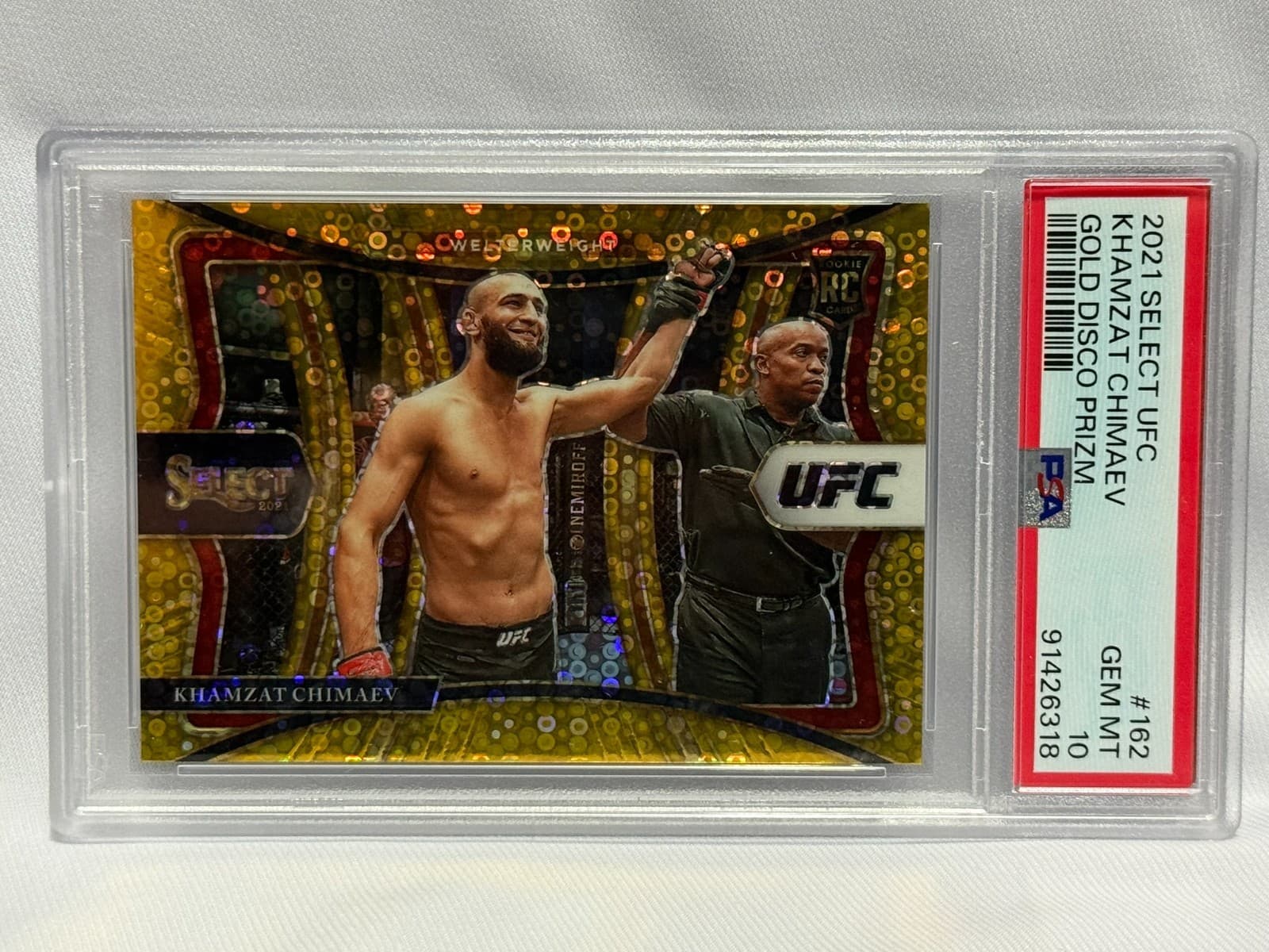 2021 Select UFC Khamzat Chimaev RC #162 Premier GOLD DISCO Prizm 04/10 PSA 10