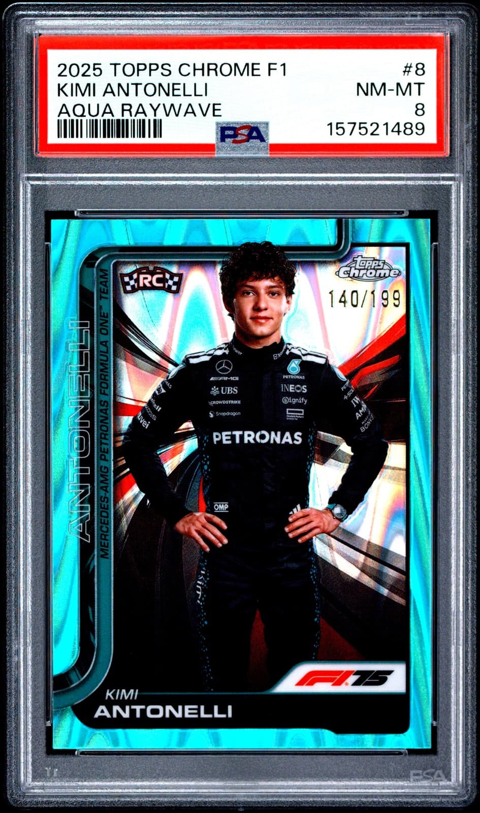 2025 Topps Chrome Formula 1 Aqua Raywave #8 Kimi Antonelli Rookie 140/199 Psa 8