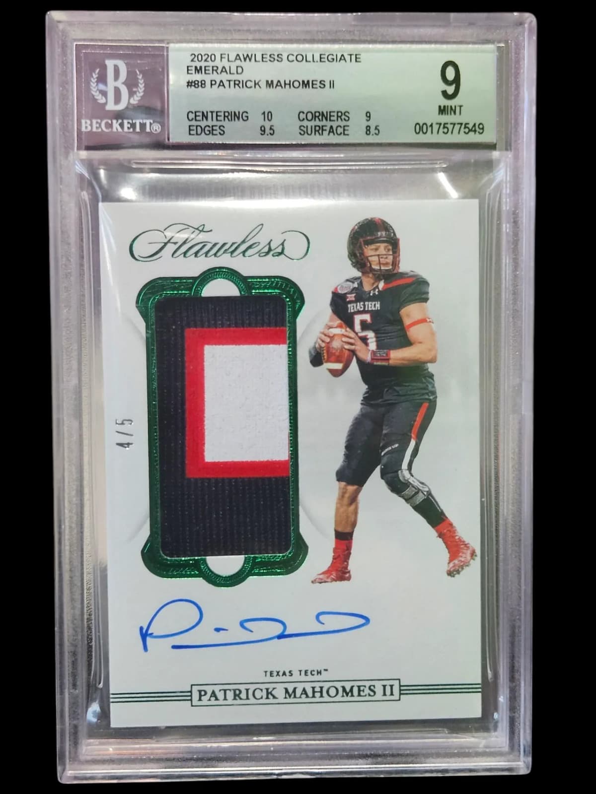 2020 Panini Flawless Collegiate Emerald Patrick Mahomes II #88 BGS 9 Auto 10