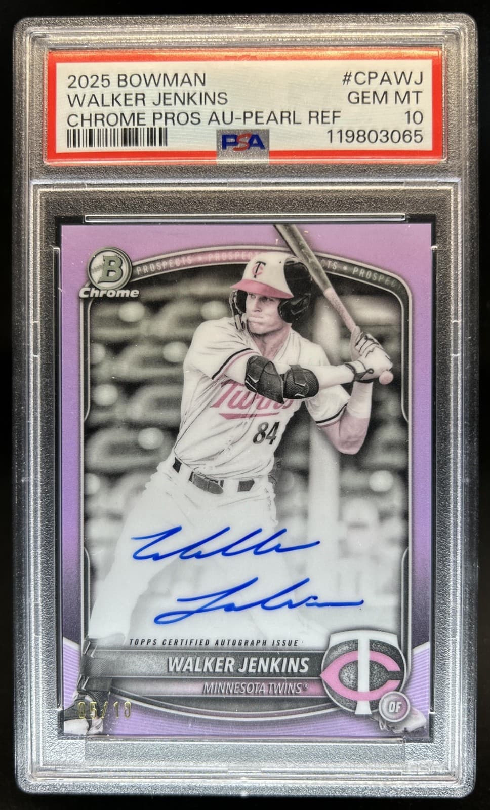 2025 Bowman Walker Jenkins Chrome Prospect Auto Pearl Refractor #/10 PSA 10