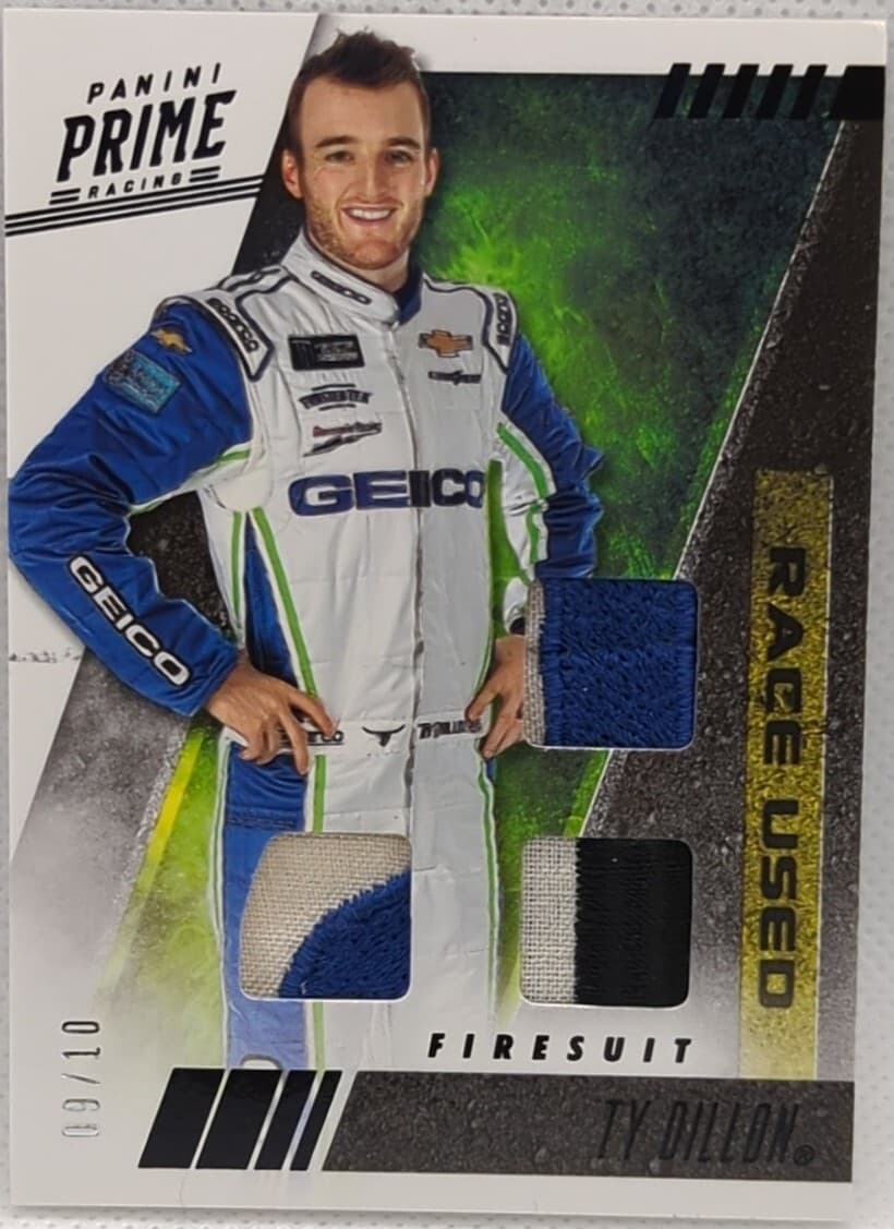 TY DILLON 2019 Panini Prime Racing TRIPLE Race Used Firesuit PATCH SP /10 NASCAR