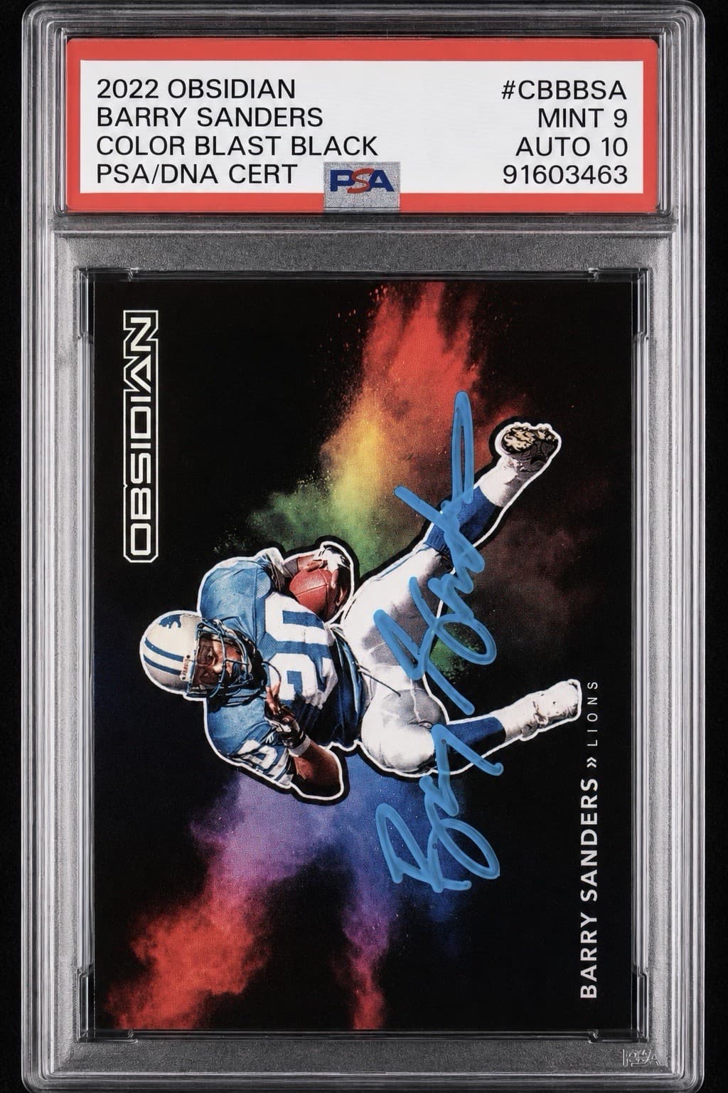 2022 PANINI OBSIDIAN COLOR BLAST BLACK #CBBBSA BARRY SANDERS PSA 9 DNA 10 AUTO