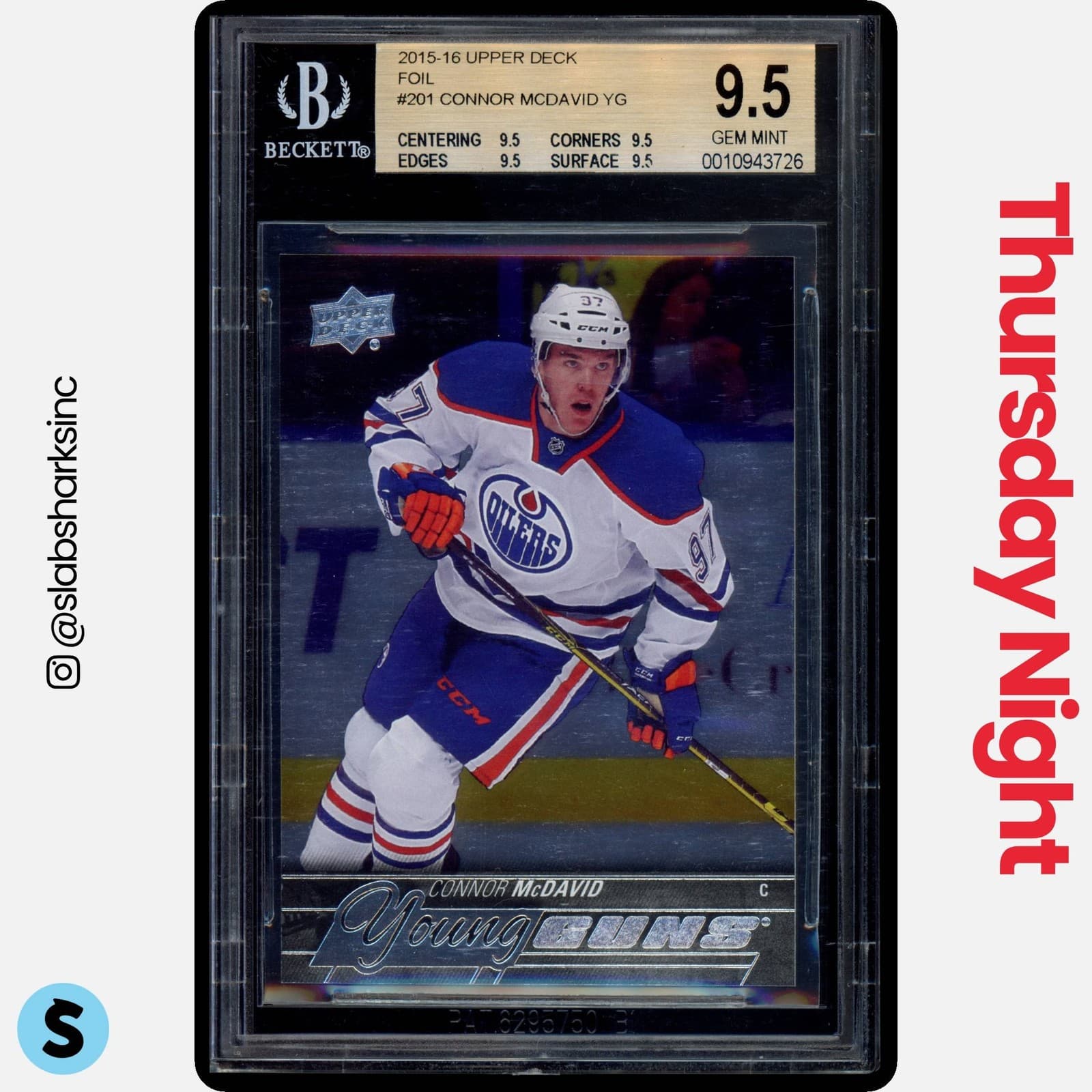 2015 UPPER DECK #201 CONNOR MCDAVID SILVER FOIL YOUNG GUNS RC ROOKIE BGS 9.5
