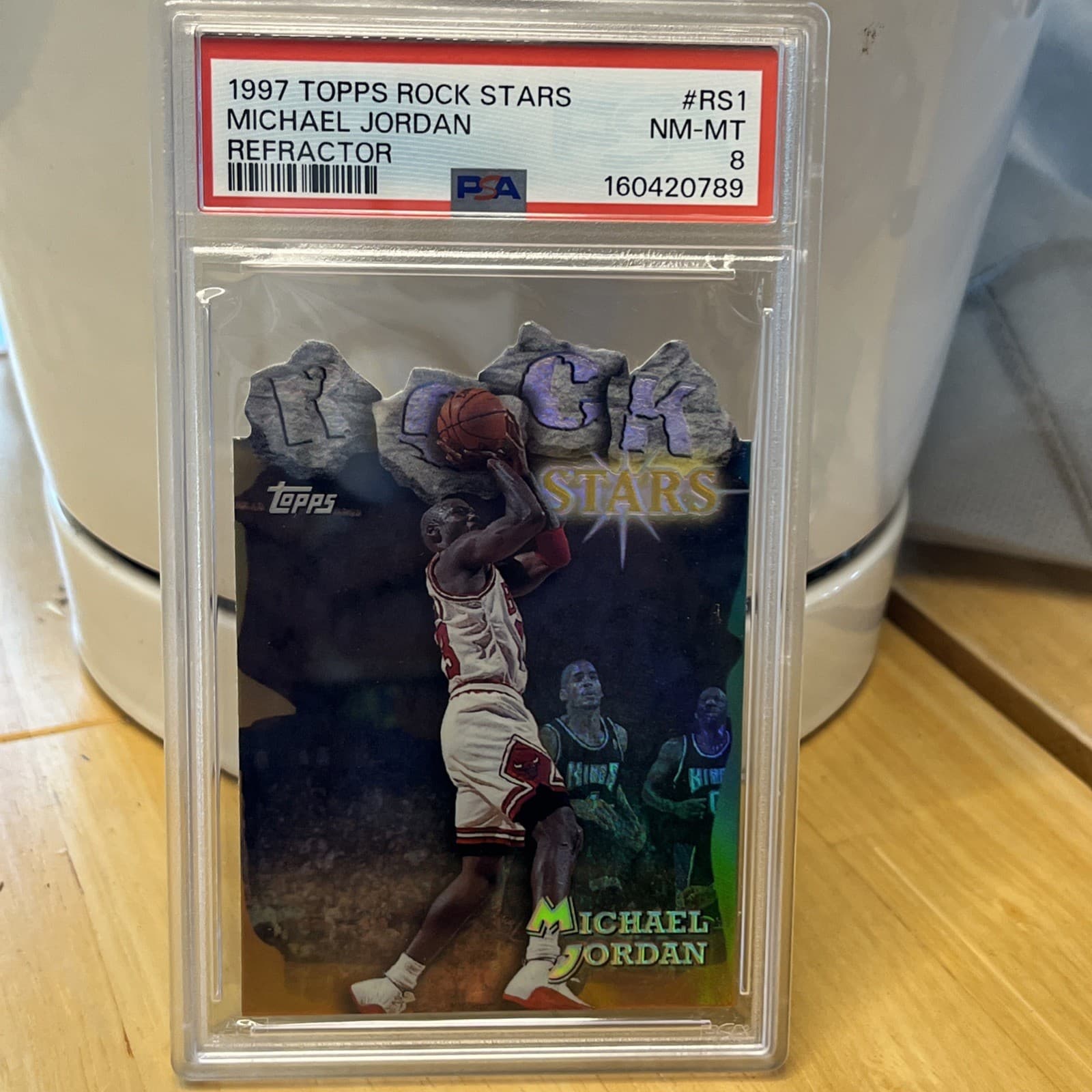 97 Topps Rock Stars Michael Jordan Refractor PSA 8