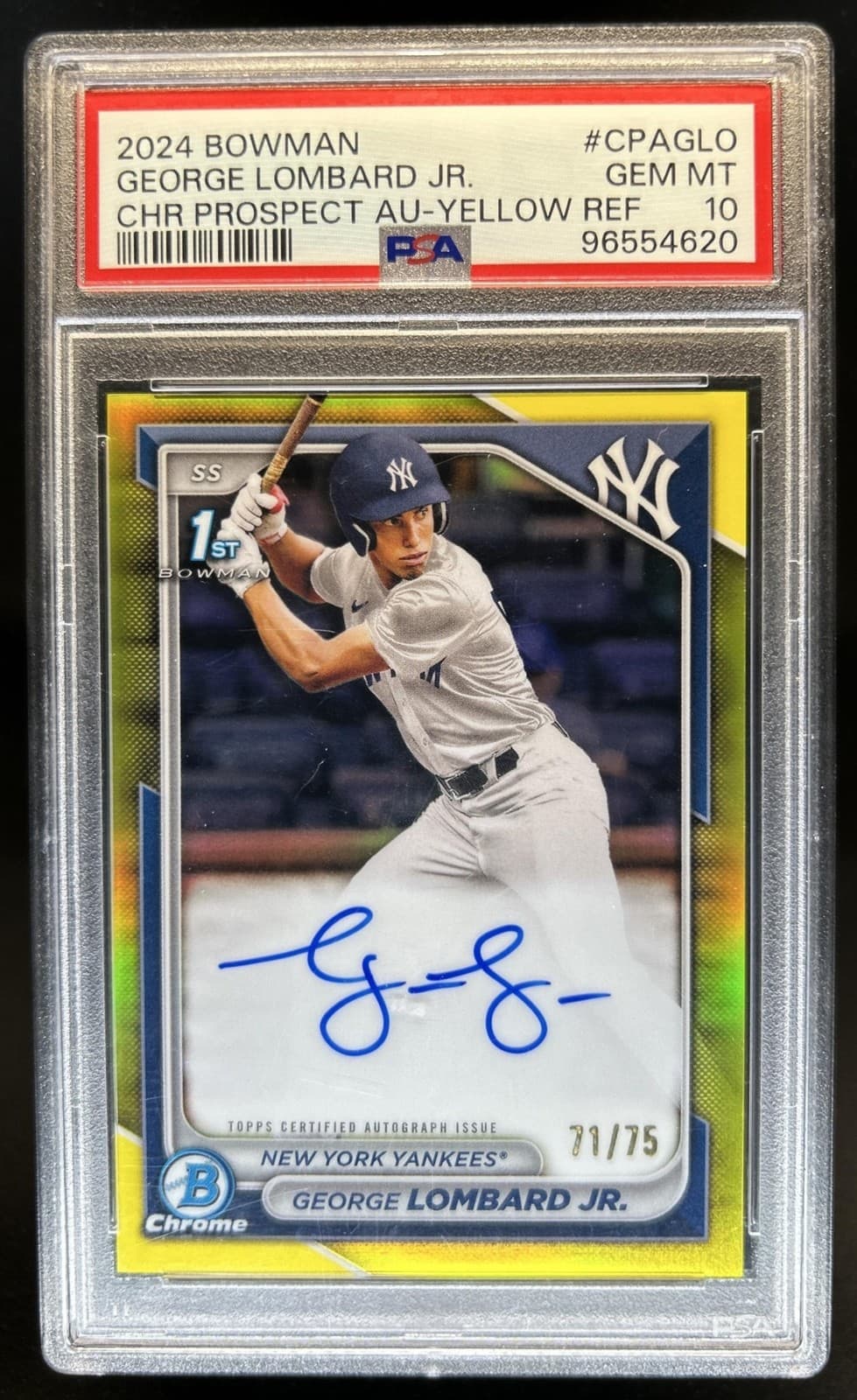 2024 Bowman George Lombard Jr. Chrome Auto Yellow Refractor 1st #/75 PSA 10