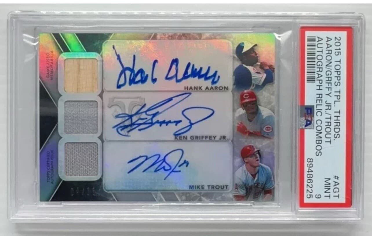 2015 Triple Threads Mike Trout Hank Aaron Ken Griffey Jr GU Relic Auto /36 PSA 9