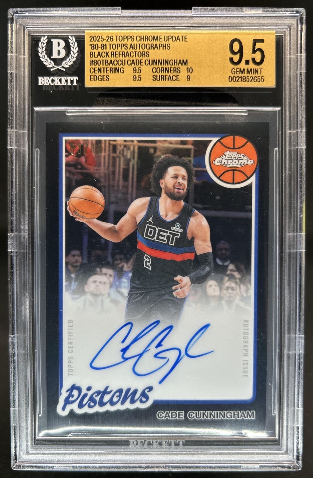 2025-26 Topps Chrome Cade Cunningham 1980-81 Auto Black Refractor #/10 BGS 9.5