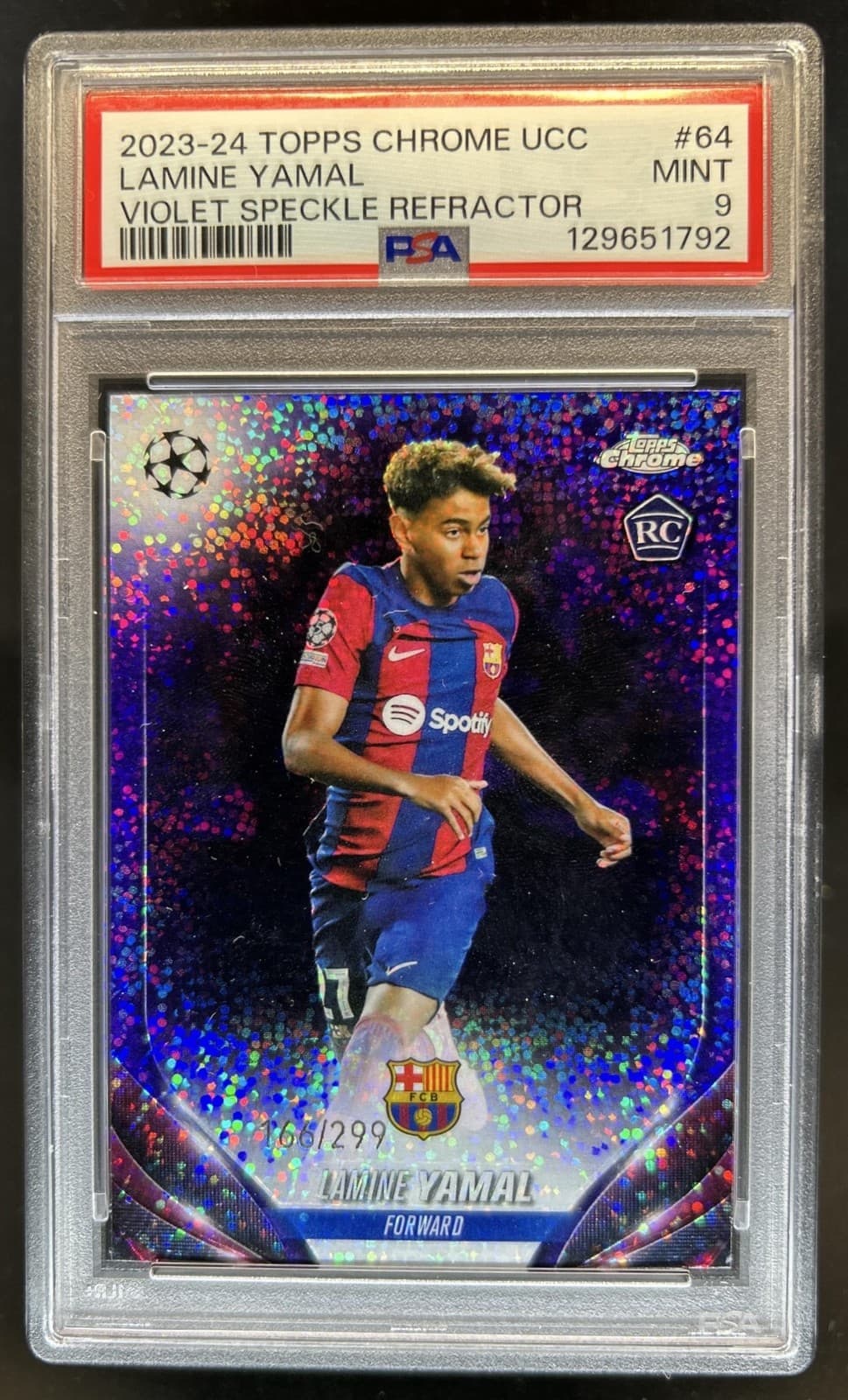 2023-24 Topps Chrome UEFA Lamine Yamal RC Violet Speckle Refractor #/299 PSA 9