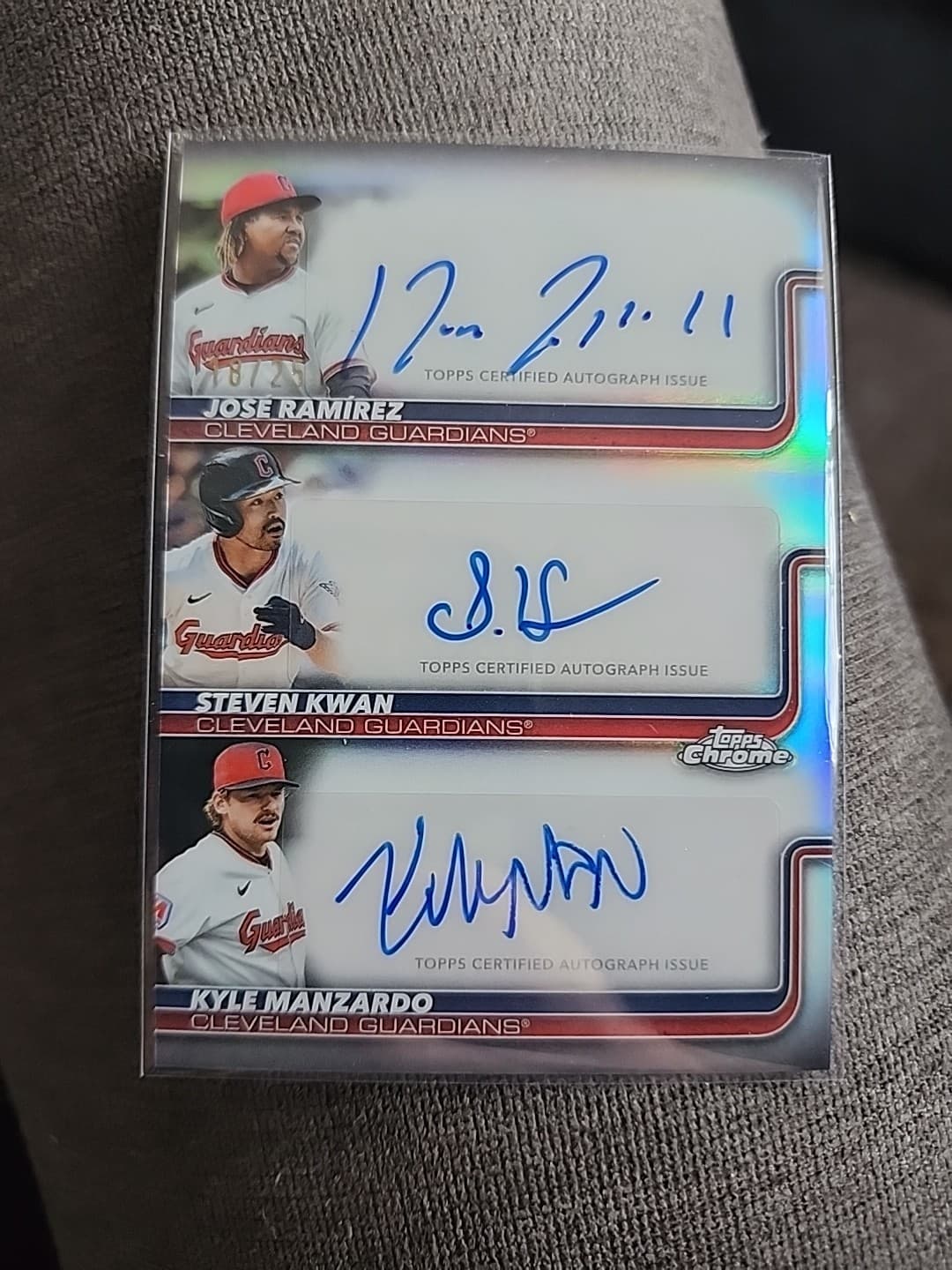 JOSE RAMIREZ STEVEN KWAN KYLE MANZARDO 2025 TOPPS CHROME UPD TRIPLE AUTO 18/25