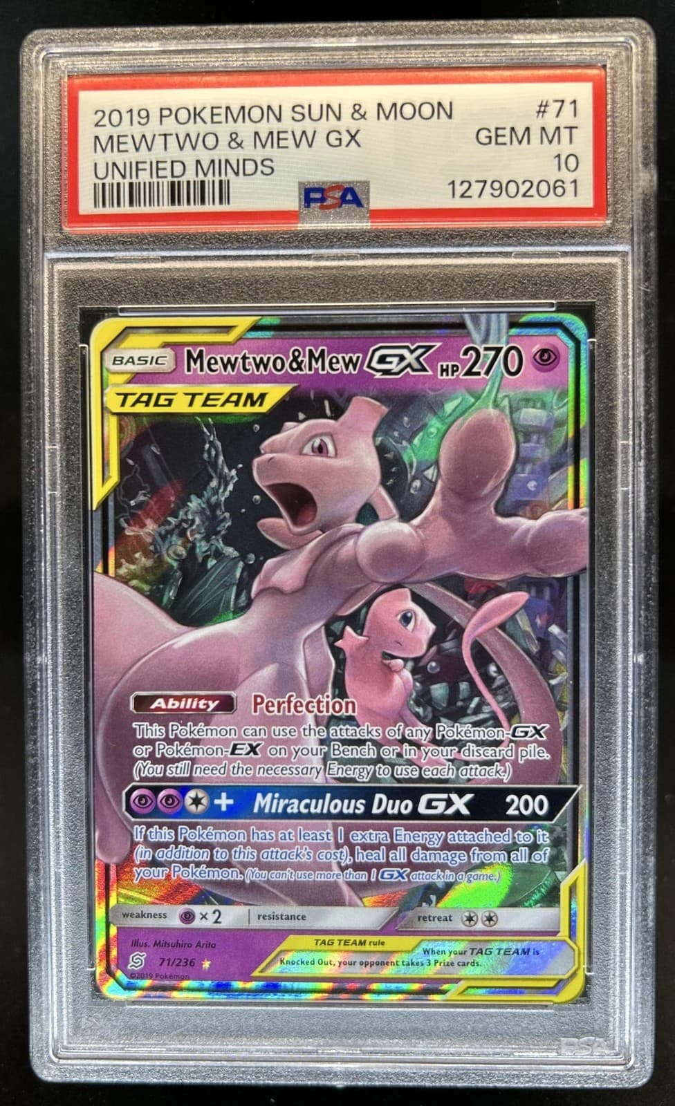 2019 Pokemon SM Unified Minds Mewtwo Mew Tag Team Holo #71/236 PSA 10 GEM MINT