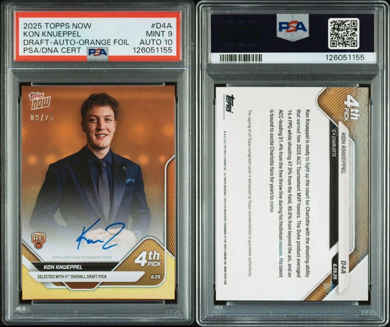 2025 TOPPS NOW KON KNUEPPEL DRAFT-AUTO-ORANGE FOIL psa9