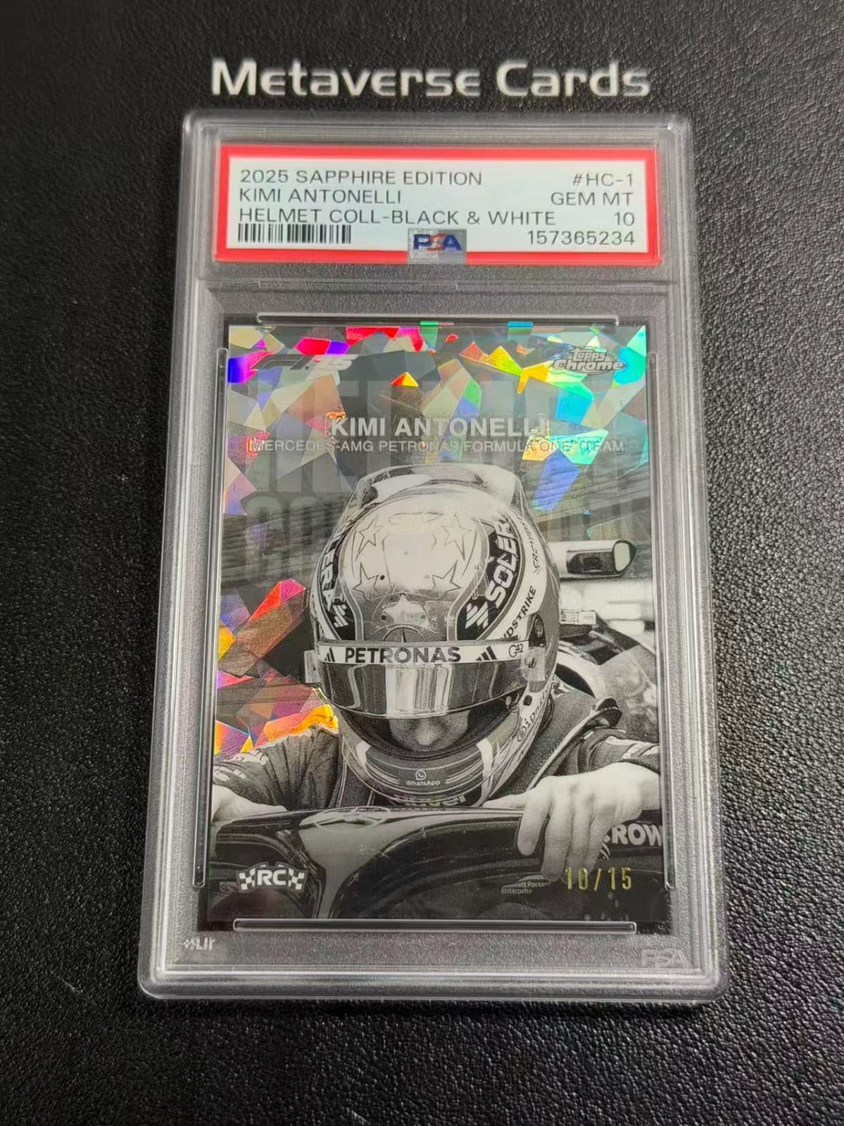 2025 Topps F1 Sapphire Kimi Antonelli RC Helmet Black & White 10/15 PSA 10