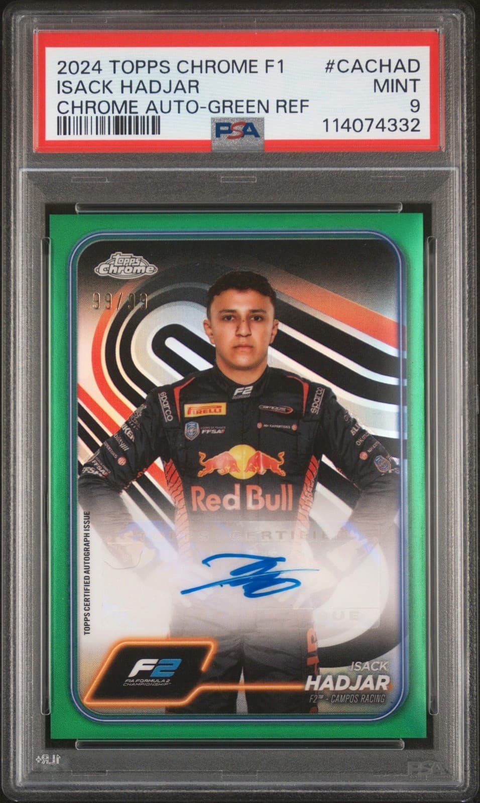 2024 Topps Chrome Formula 1 Isack Hadjar "Bookend" Autograph CAC-HAD Green /99