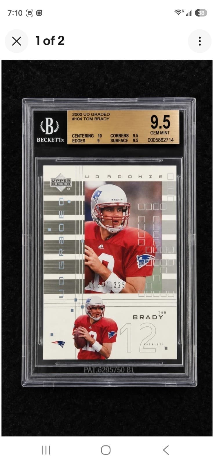 Tom Brady 2000 UD Graded Rookie BGS 9.5 #104 /1325 (RC) GEM 💎 Mint BGS 10 Subgr