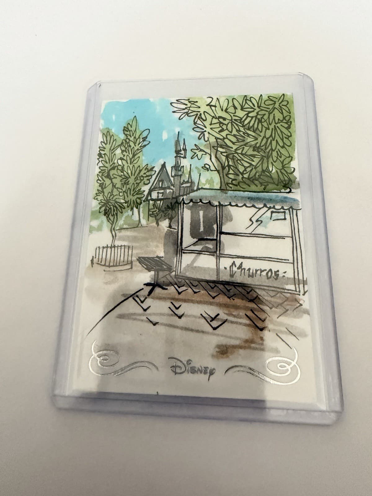 Disney Topps Disneyland Castle And Churro Stand Sketch 1/1 By El Smetcho