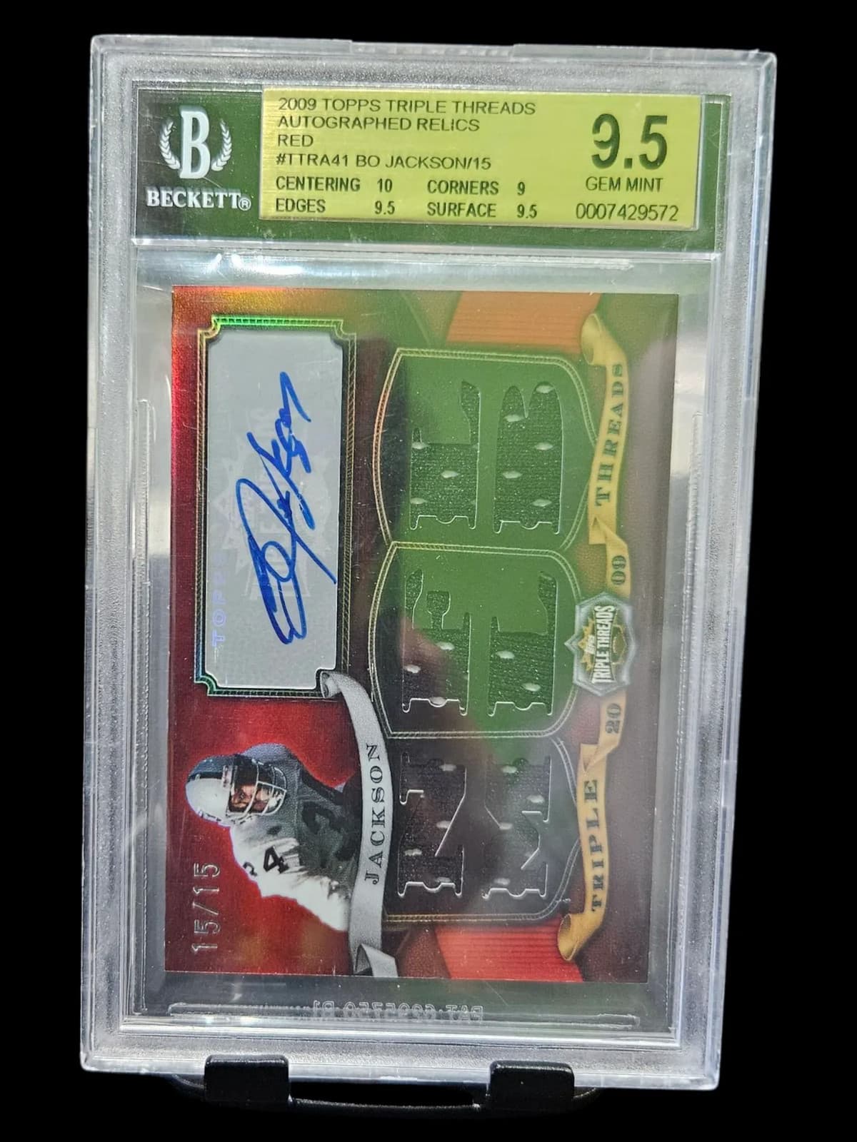 2009 Topps Triple Threads Auto Relics Red Bo Jackson #TTRA41 /15 BGS 9.5 Auto 10