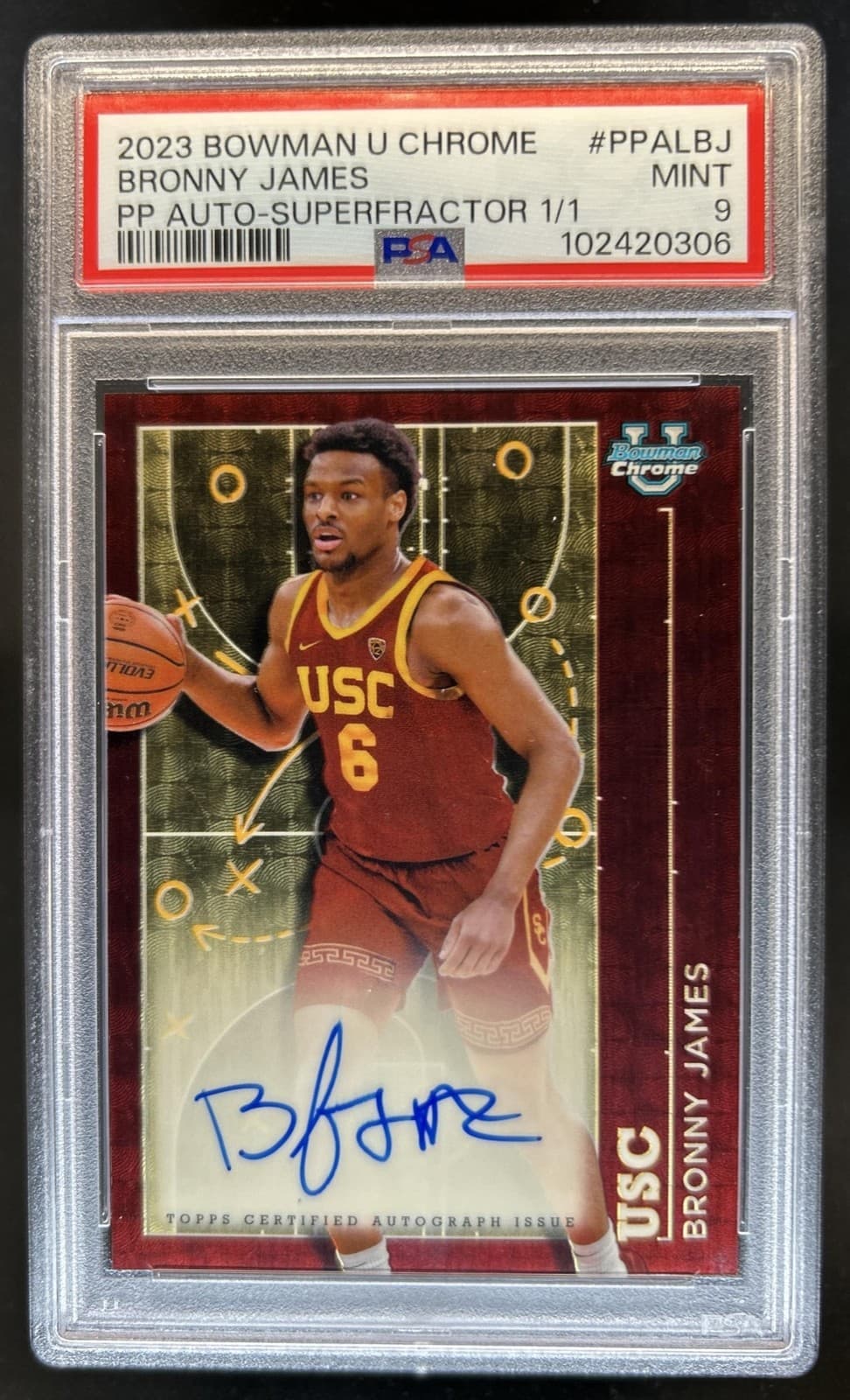 2023-24 Bowman U Chrome Bronny James Playmakers Auto SuperFractor #1/1 PSA 9