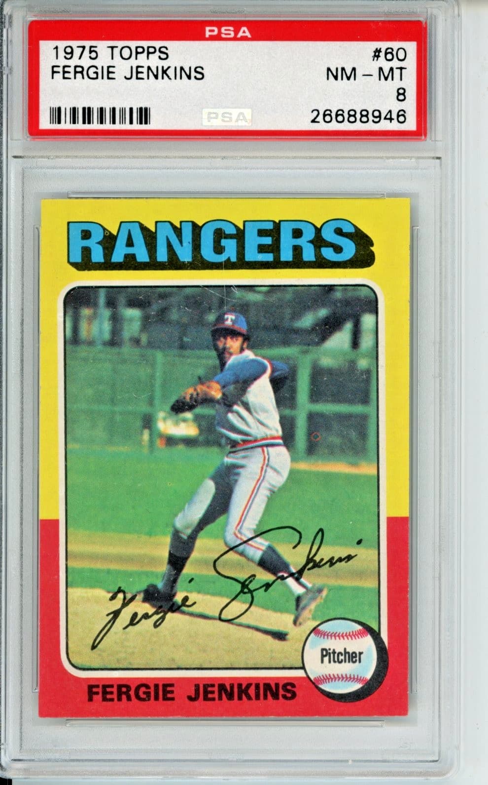 1975 Topps Fergie Jenkins baseball card, graded NM-MT 8, #60 in the set Rangers