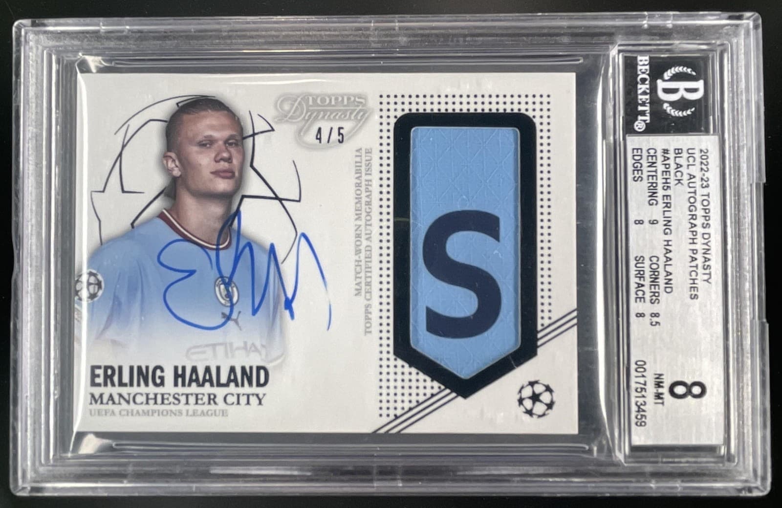2022-23 Topps Dynasty UEFA Erling Haaland Patch Auto Black #/5 Man City BGS 8