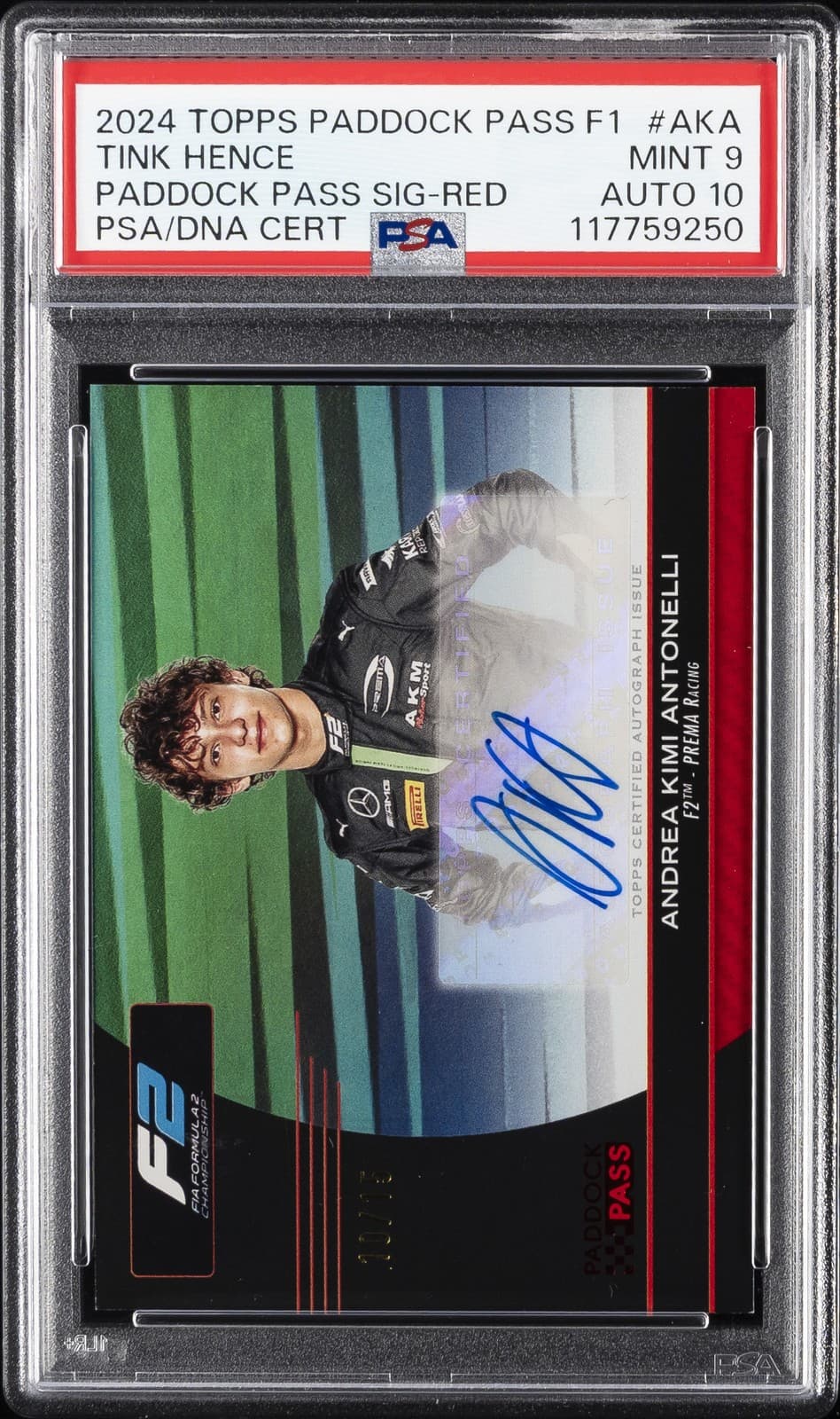 2024 Topps Paddock Pass Formula 1 Red Andrea Kimi Antonelli 10/15 Psa 9 Auto 10