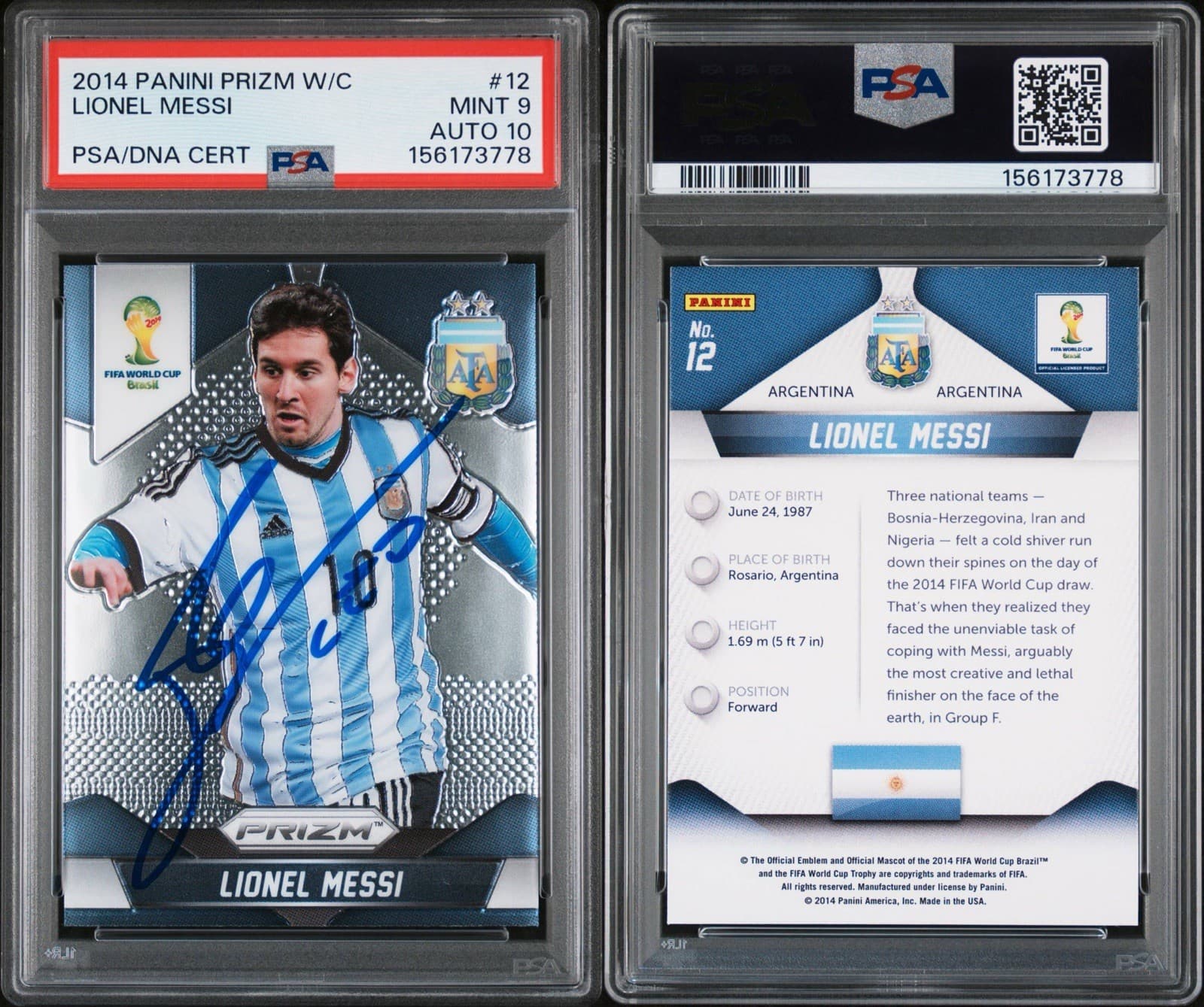 Lionel Messi Signed 2014 Panini Prizm World Cup Soccer #12 PSA/DNA 9/10 AUTO