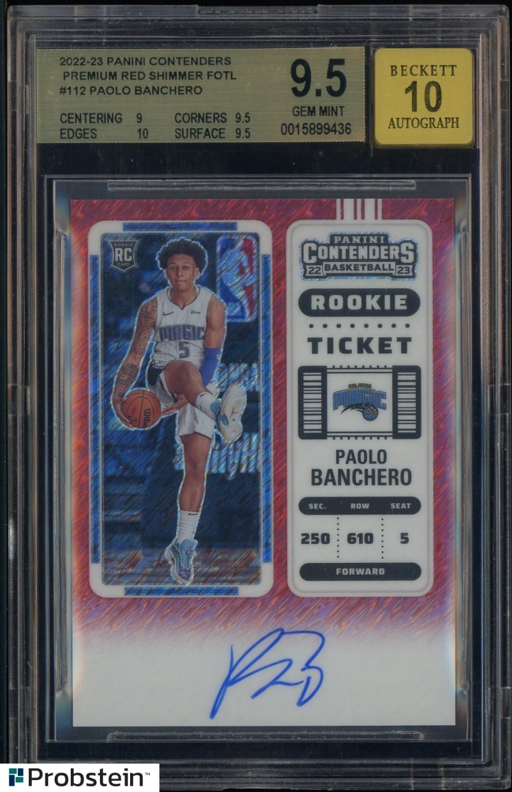 2022 Contenders Premium Red Shimmer FOTL Paolo Banchero RC /5 BGS 9.5 w/ 10 AUTO