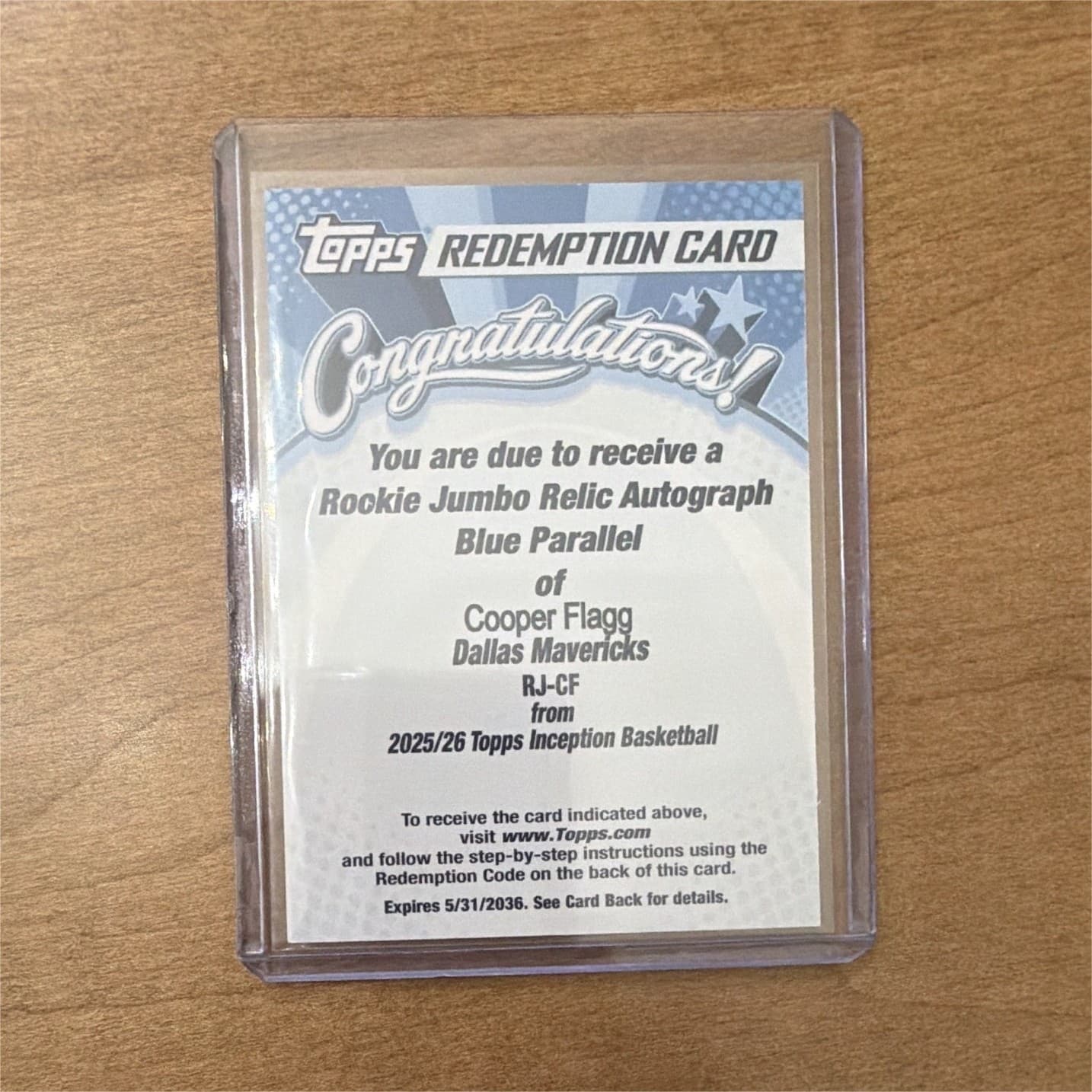 2025-26 NBA TOPPS INCEPTION Cooper Flagg RPA Auto Blue /25 Redemption card 