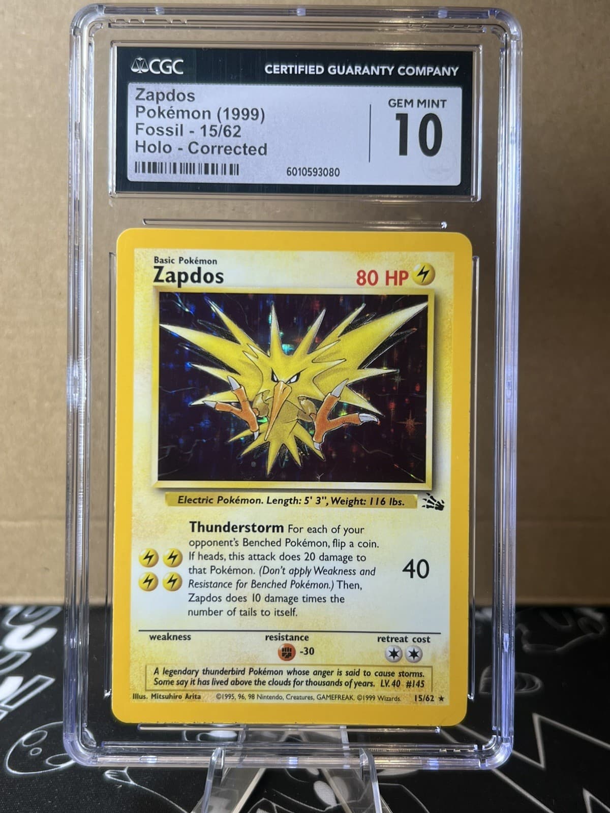 Pokemon Zapdos 15/62 Holo CORRECTED Fossil  Vintage Rare CGC 10 Gem MInt