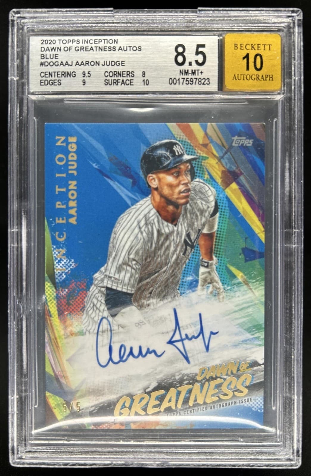 2020 Topps Inception Aaron Judge Dawn of Greatness Auto Blue #/5 BGS 8.5/10
