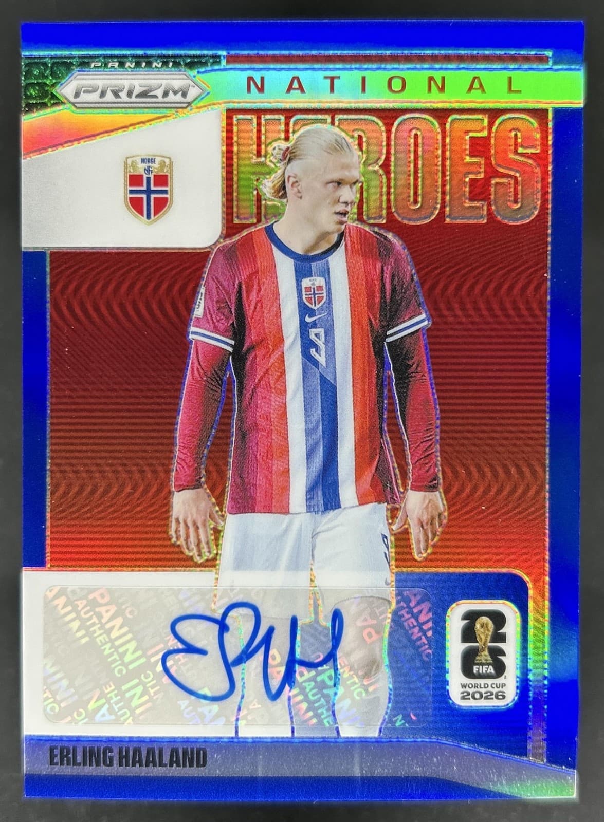 2026 Panini Prizm World Cup Erling Haaland National Heroes Blue Auto #/49 Norway