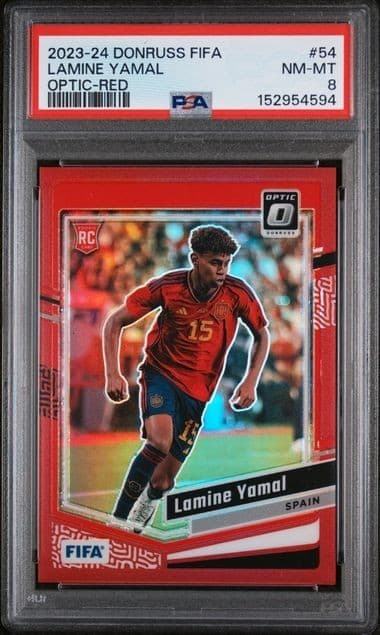 2023-24 PANINI DONRUSS FIFA #54 LAMINE YAMAL OPTIC-RED /299 PSA 8
