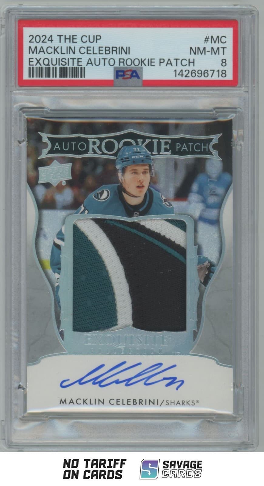 2024-25 UD The Cup Exquisite Rookie Auto Patch Macklin Celebrini PSA 8 /71