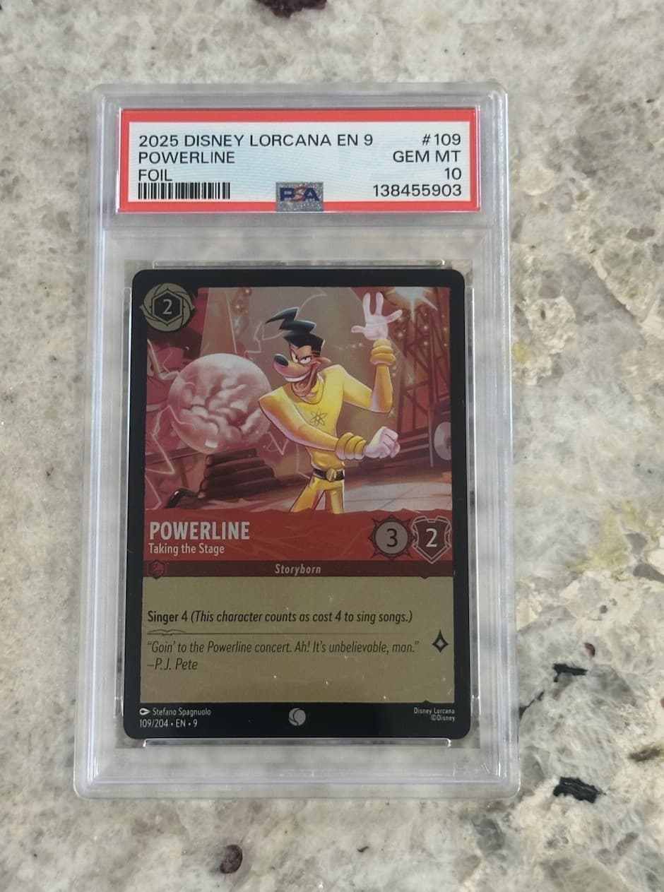 2025 DISNEY LORCANA EN 9-FABLED 109 POWERLINE TAKING THE STAGE FOIL PSA 10 POP 1
