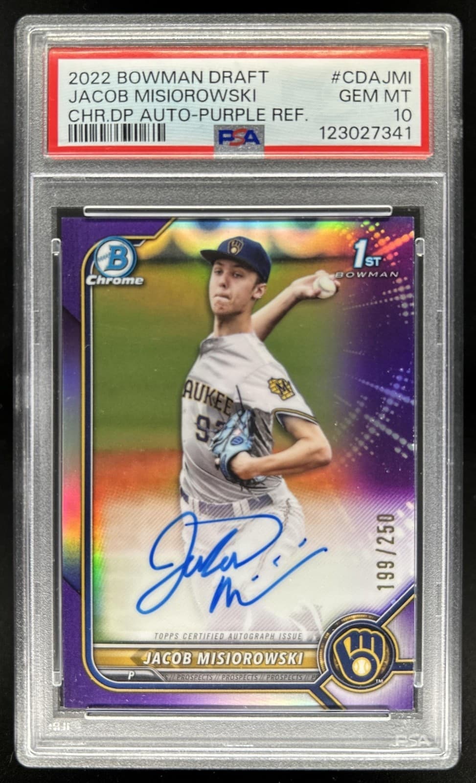 2022 Bowman Draft Jacob Misiorowski Chrome Auto Purple Refractor 1st /250 PSA 10