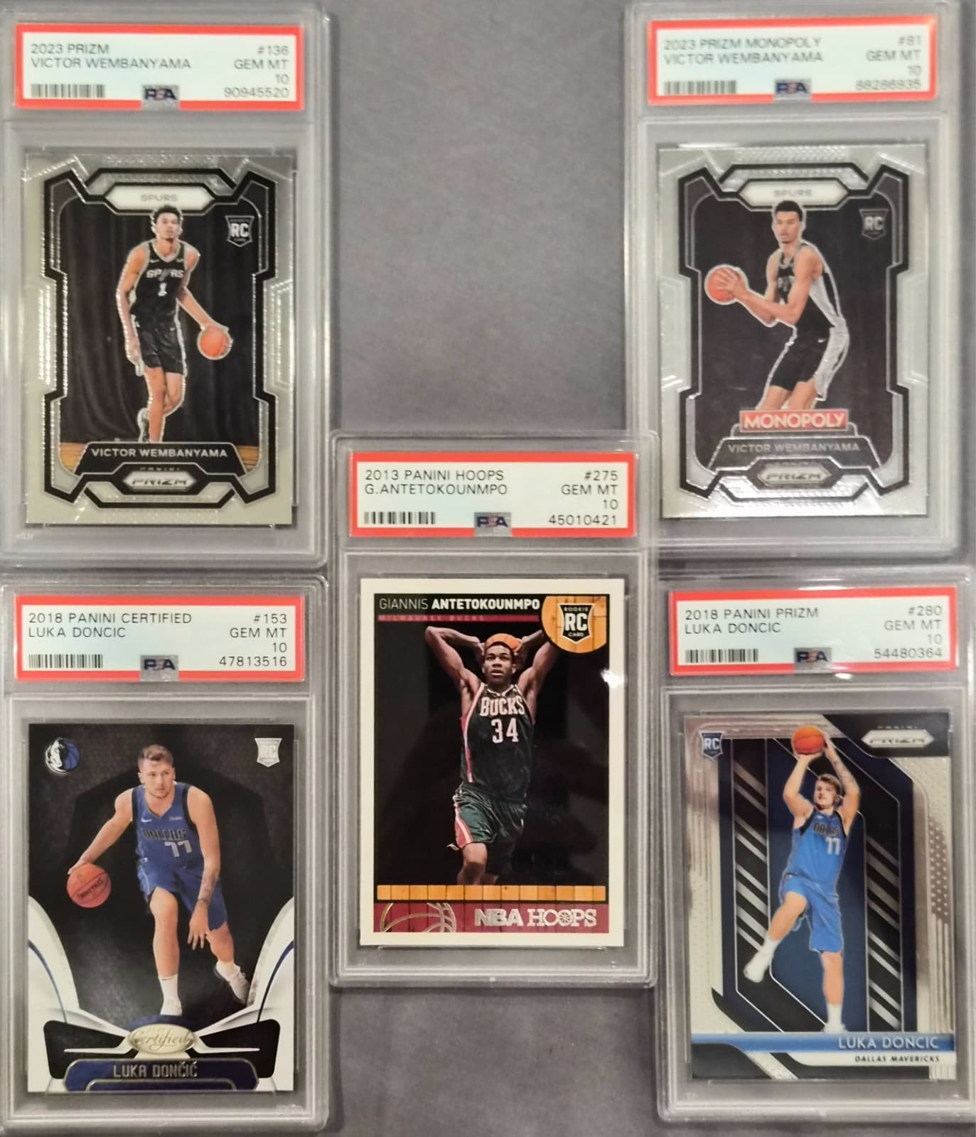 Lot of 5 NBA rookie PSA10 cards - Victor Wembanyama, Luka Doncic, Giannis