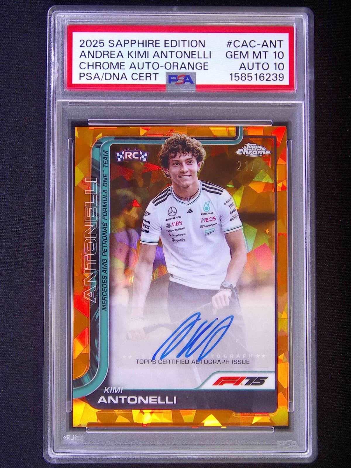 2025 Topps Chrome F1 75th RC Kimi Antonelli Auto Orange Sapphire PSA 10/10 POP1