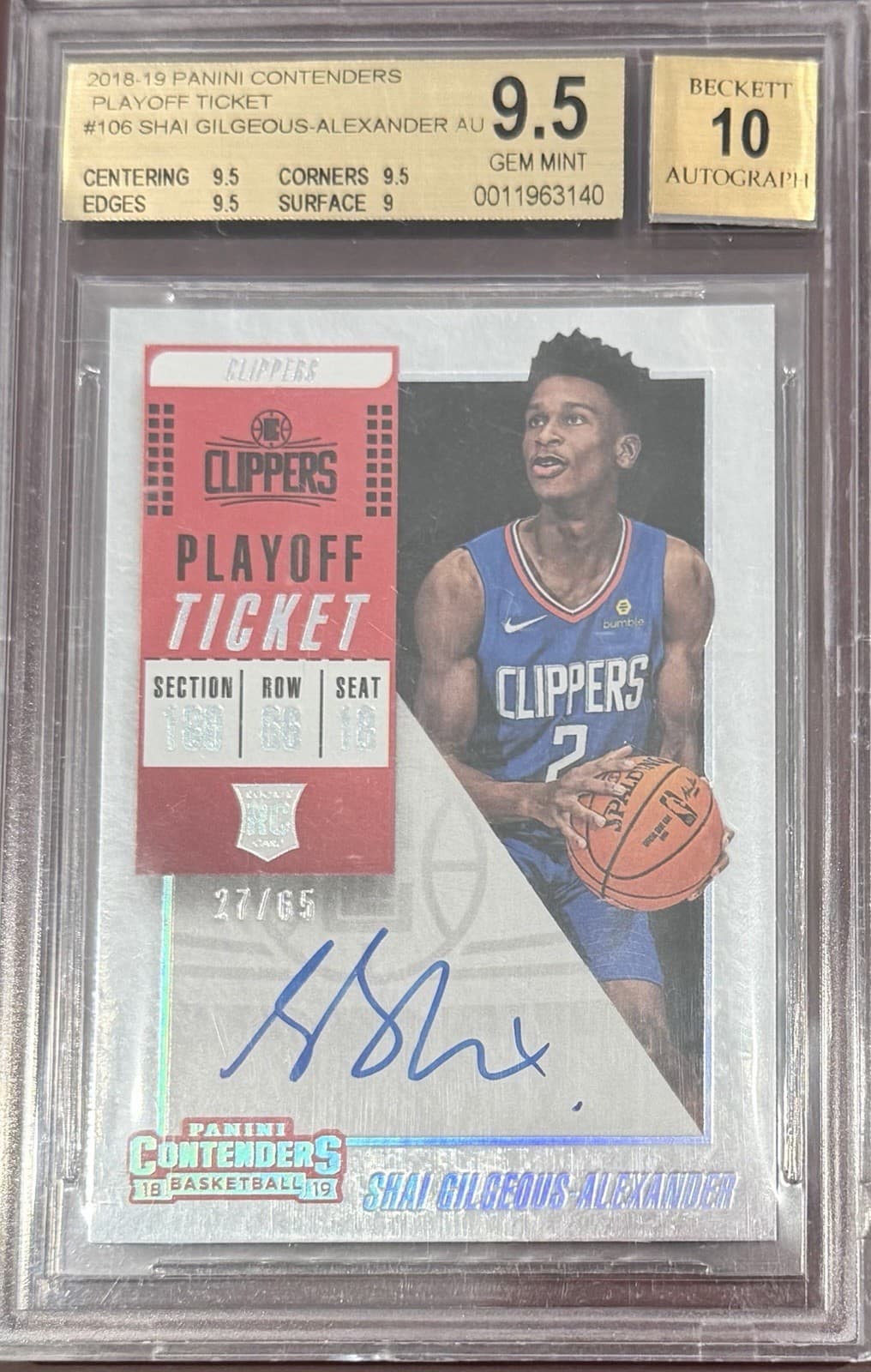 2018 Panini Cont. Playoff Ticket Shai Gilgeous-Alexander. /65 AU, RC. Grade 9.5