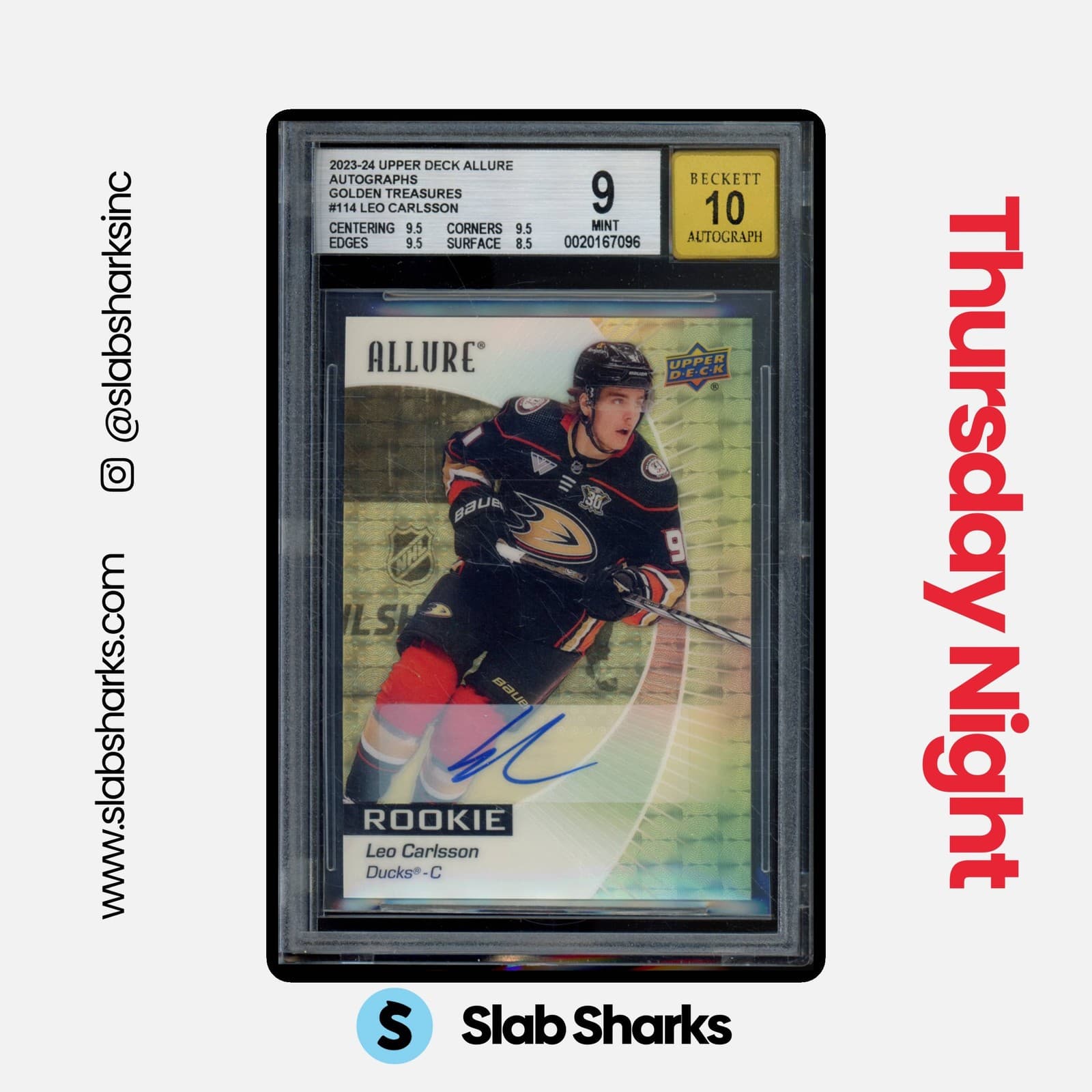 2023 UPPER DECK ALLURE #114 LEO CARLSSON GOLDEN TREASURES ROOKIE AUTO 1/1 BGS 9