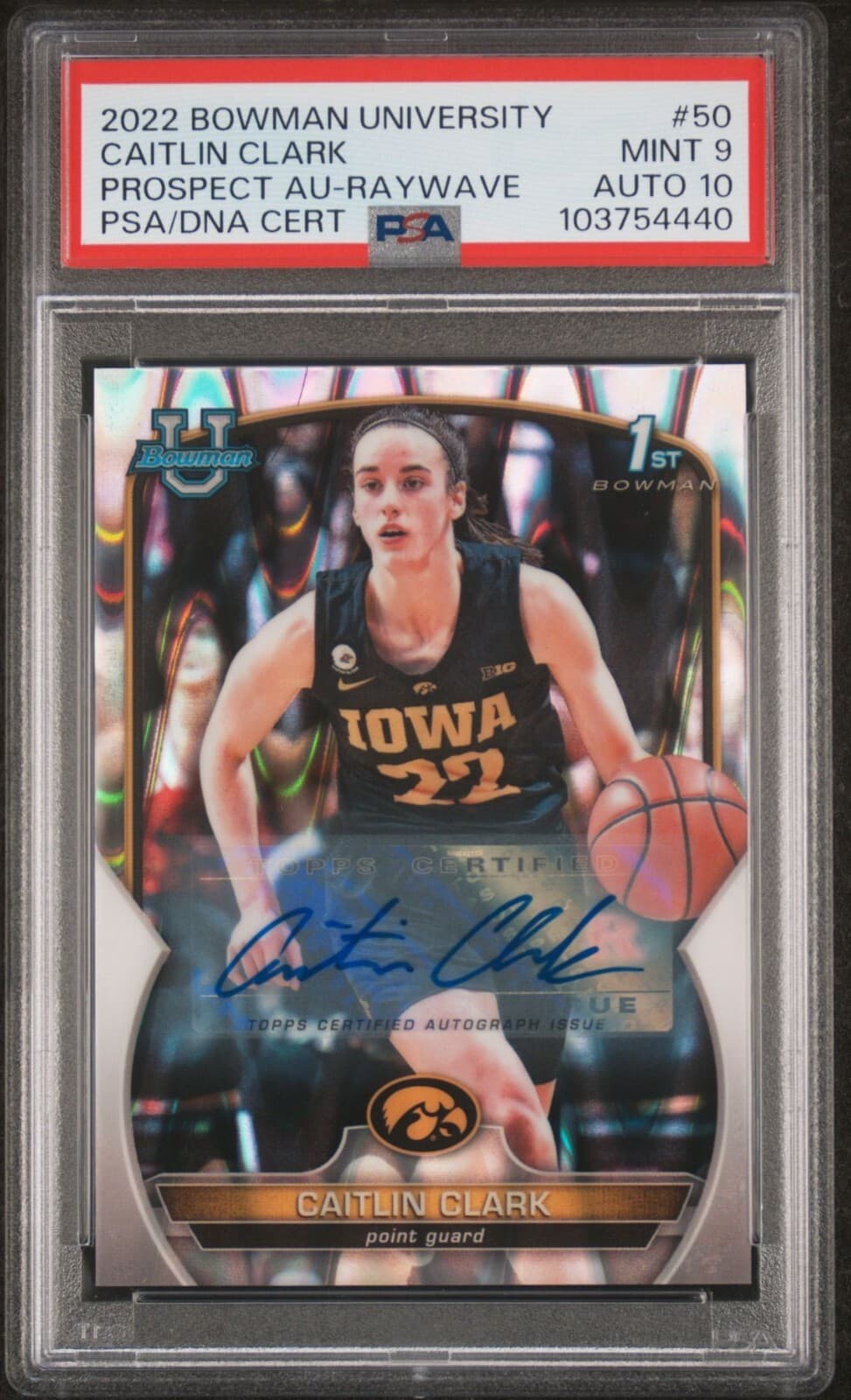 2022-23 Bowman U Chrome  Caitlin Clark /199 Auto 10 RayWave Refractor PSA 9 