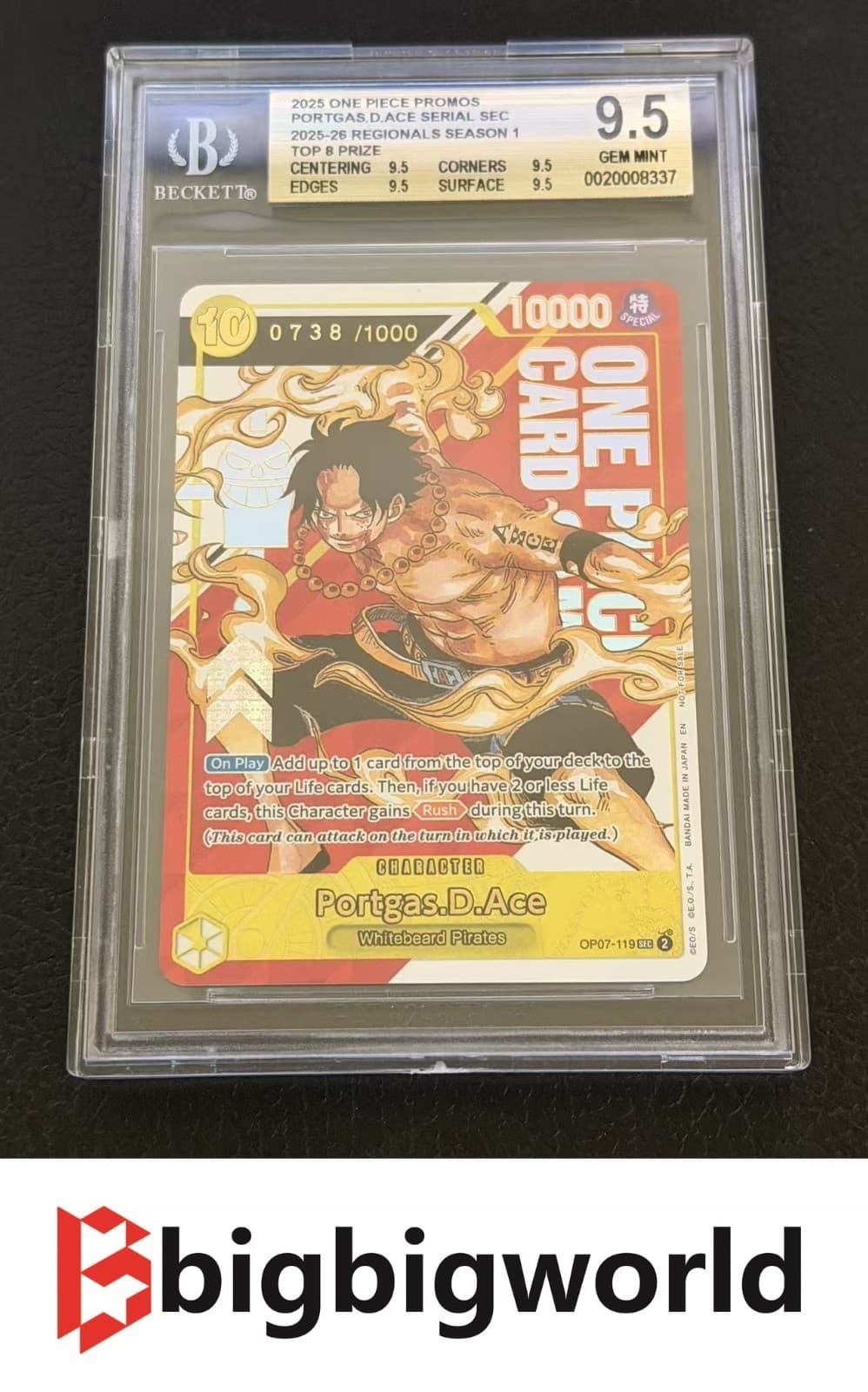 One Piece Card Game OP07-119 Portgas D. Ace Serial Regional Top 8 Prize BGS9.5