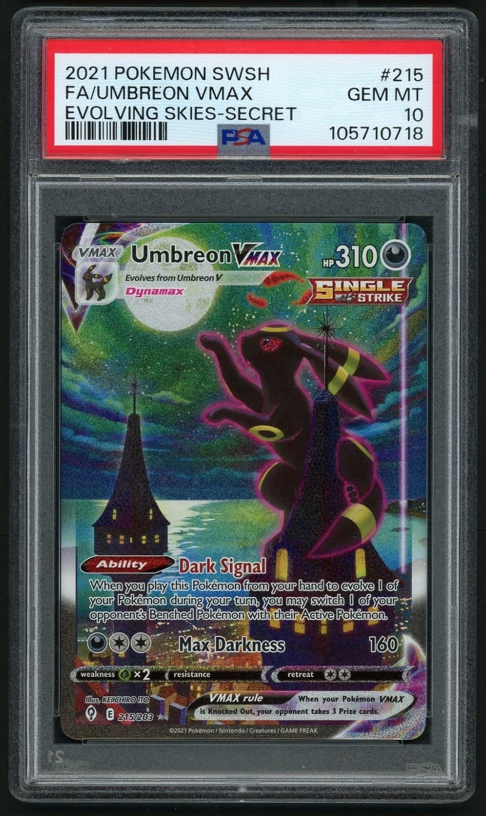 POKEMON UMBREON VMAX 2021 SWORD & SHIELD EVOLVING SKIES #215 FA PSA 10