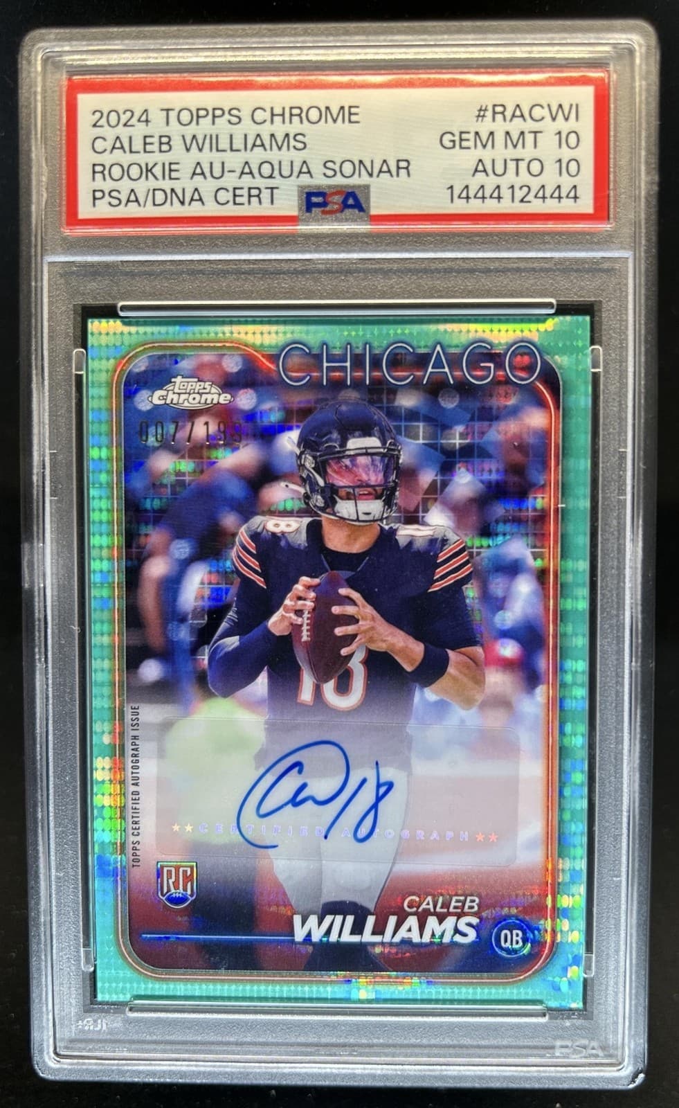 2024 Topps Chrome Caleb Williams Rookie Auto Aqua Sonar Refractor #/199 PSA 10