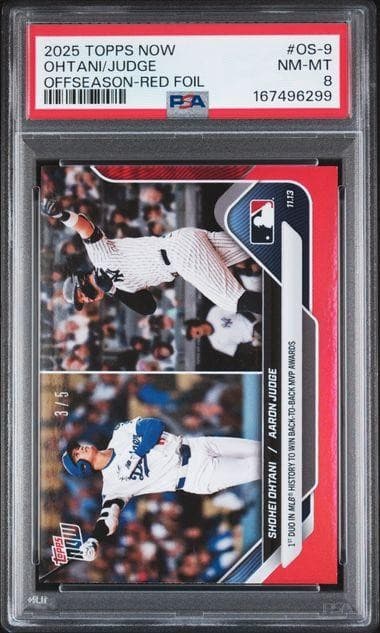 2025 Topps Now Offseason Shohei Ohtani Aaron Judge Red Foil /5 PSA 8