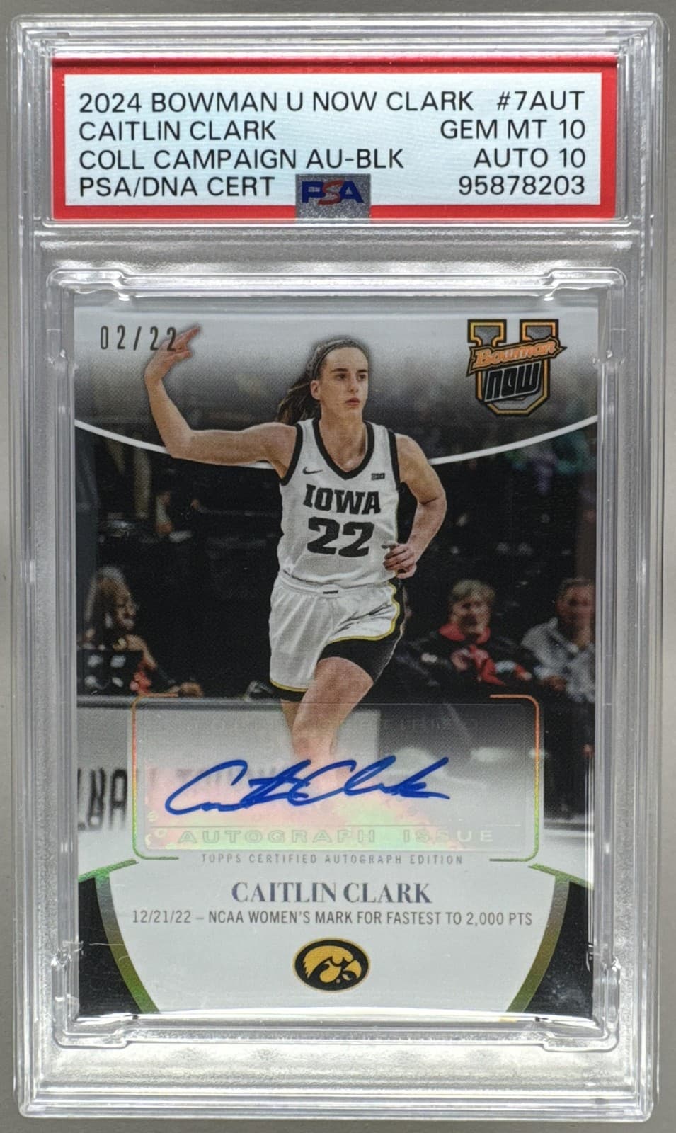 Caitlin Clark 2023 Bowman U Now Collegiate Campaign Black Auto /22 PSA 10/10