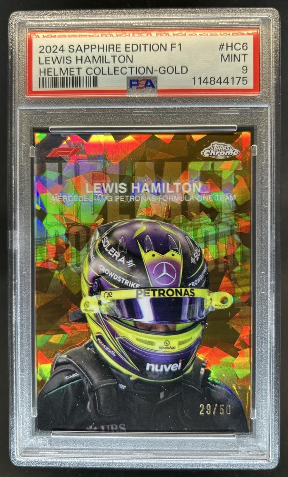2024 Topps Chrome Sapphire F1 Lewis Hamilton Helmet Gold Refractor #/50 PSA 9